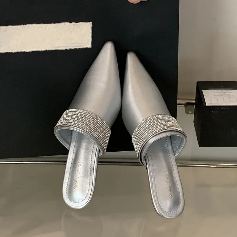 Pointy Toe Mules Women Slides Sandals Luxury Rhinestones Dress Shoes Summer 2025 Low Heel Gold Designer Slippers Ladies Pumps