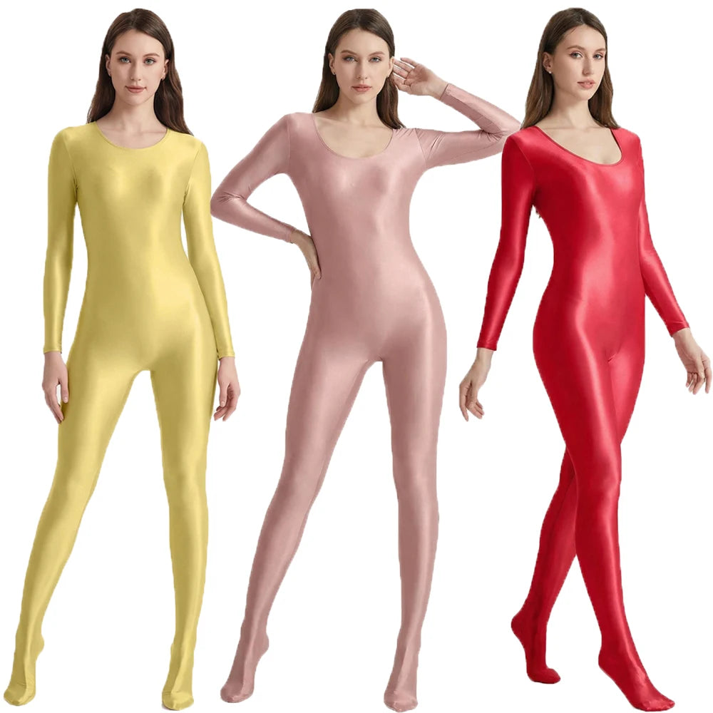 Women's Smooth Glossy High-Elastic Round Neck One Piece Catsuit Long Sleeve Zentai Jumpsuits Cosplay Performance Tights Bodysuit
