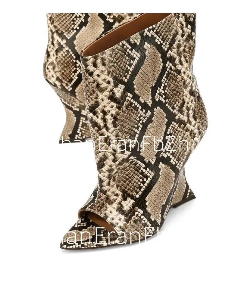 2006SoleLadies'-Spring/Summer-New-Fish-Mouth-Slope-High-Heel-Short-Boots-with-Pointed-Toe-Exposed-Cool-Boots,-Mid-Top-Boots