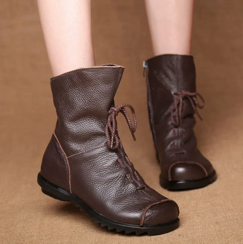 JIANBUDAN/ Genuine Leather Plush Women's Short Boots Retro Casual Autumn Winter Women's Boots Waterproof Leather Warm Snow Boots