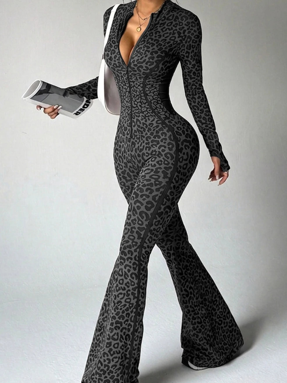 Women Leopard Print Fitness Jumpsuits Long Sleeve Zip-up Gym Sporty Overalls Female One Piece Flare Pants Running Yoga Tracksuit