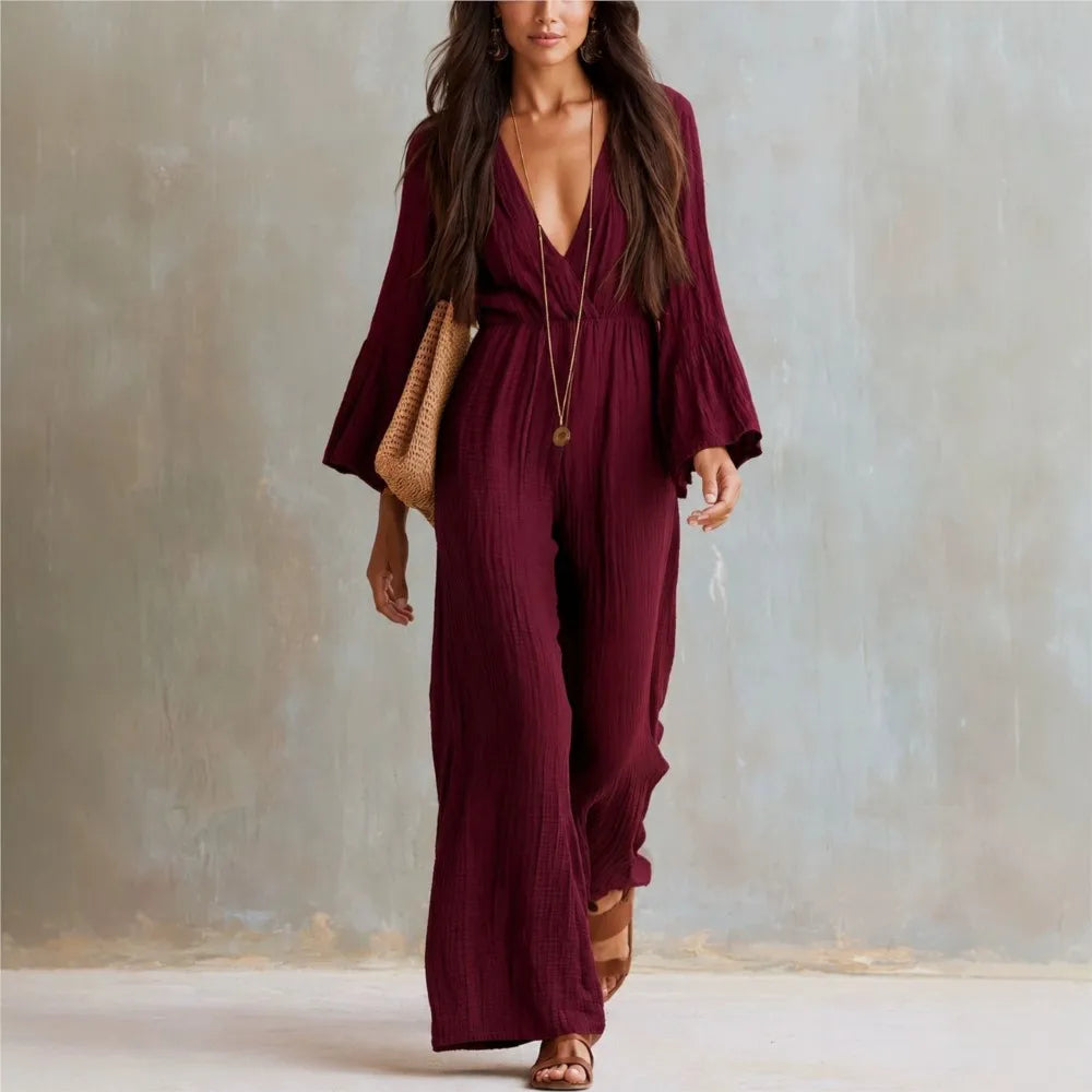 Women Sexy Deep V Neck Flare Sleeve Jumpsuits Spring Autumn Solid Crinkle High Waist Loose Casual Holiday Wide Leg Pants Romper