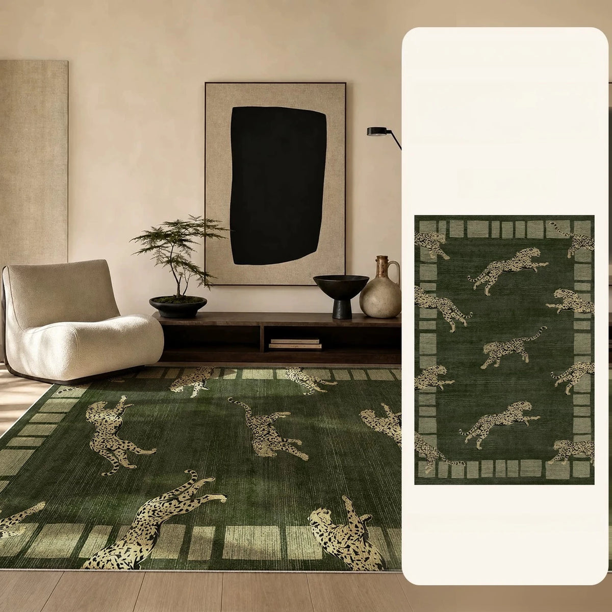 Large Area Bedroom Decor Green Carpet Retro Style Rugs for Bedroom Washable Lounge Leopard Print Floor Mat Anti-slip Bedside Rug
