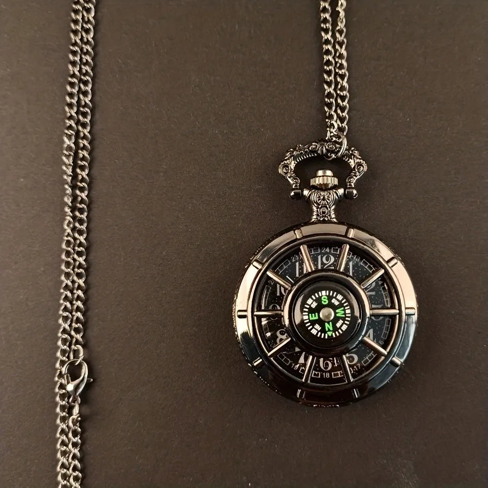 Vintage Black Compass Design Quartz Pocket Watch, With Necklace Pendant, World-Time Feature, Pointer Display Pocket Watch