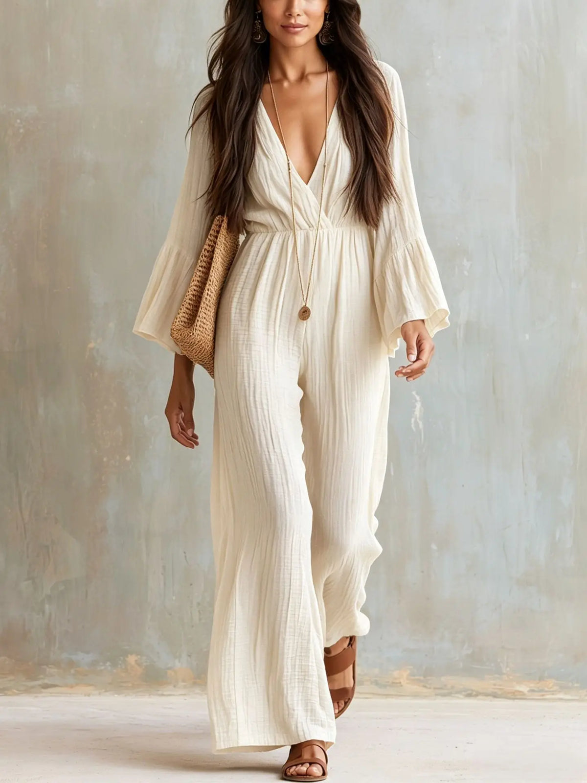 Women Sexy Deep V Neck Flare Sleeve Jumpsuits Spring Autumn Solid Crinkle High Waist Loose Casual Holiday Wide Leg Pants Romper