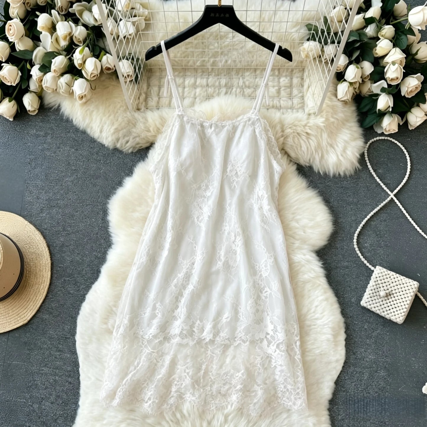 Ladies Summer One Piece Slip Dress With Bow Lace Suspenders Sexy Solid Mini Dress Loose Slash Neck Girls Hotsweet Thin Soft New