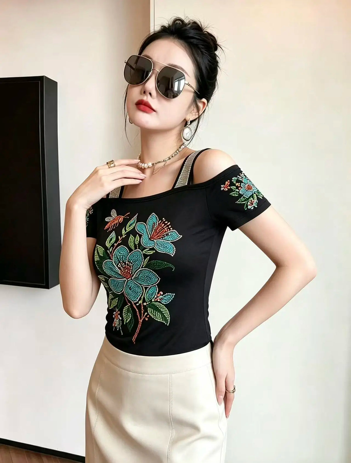 High Quality Elasticity Clothes Fashion T-Shirts Women's Sexy Off Shoulder Shiny Diamonds Mesh Tops Summer Tees Shirt