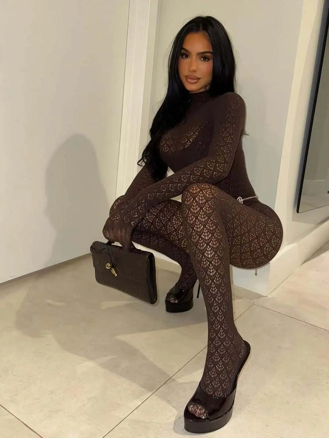 FAGADOER Sexy Hollow Out Patchwork Bodycon Jumpsuits Women Lace See Through Long Sleeve Backless Rompers Female Party Clubwear