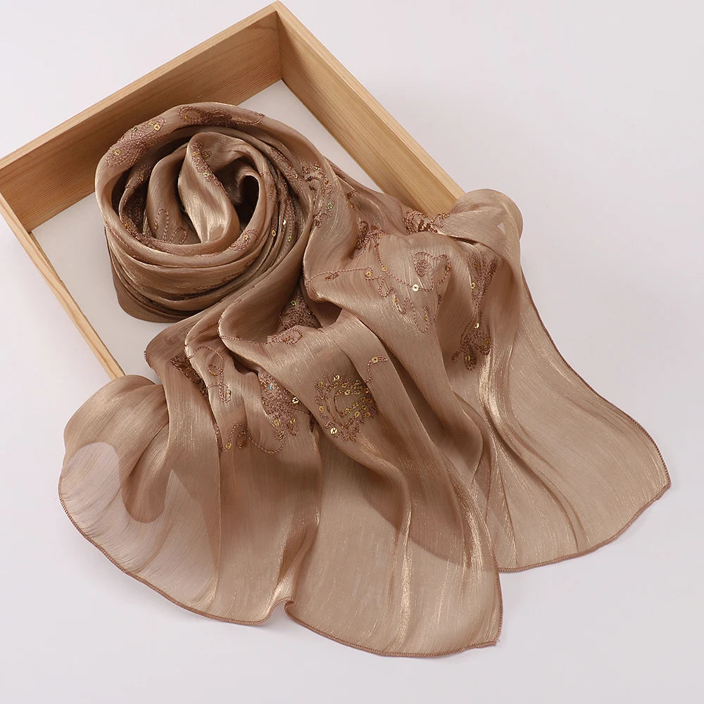 Elegant Embroidery Glitter Shimmer Hijab Shawl Pleated Glitter Chiffon Shawl Lightweight Crinkle Flowy Plain Hijab Scarves