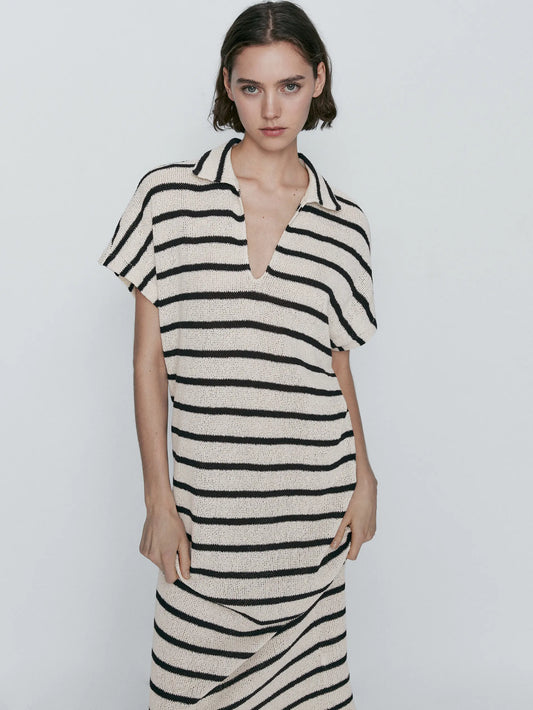 Ethereal Traf Md 2026 YAZHIMEI autumn new style of Women's casual fashion Cotton blend striped POLO neck long dress