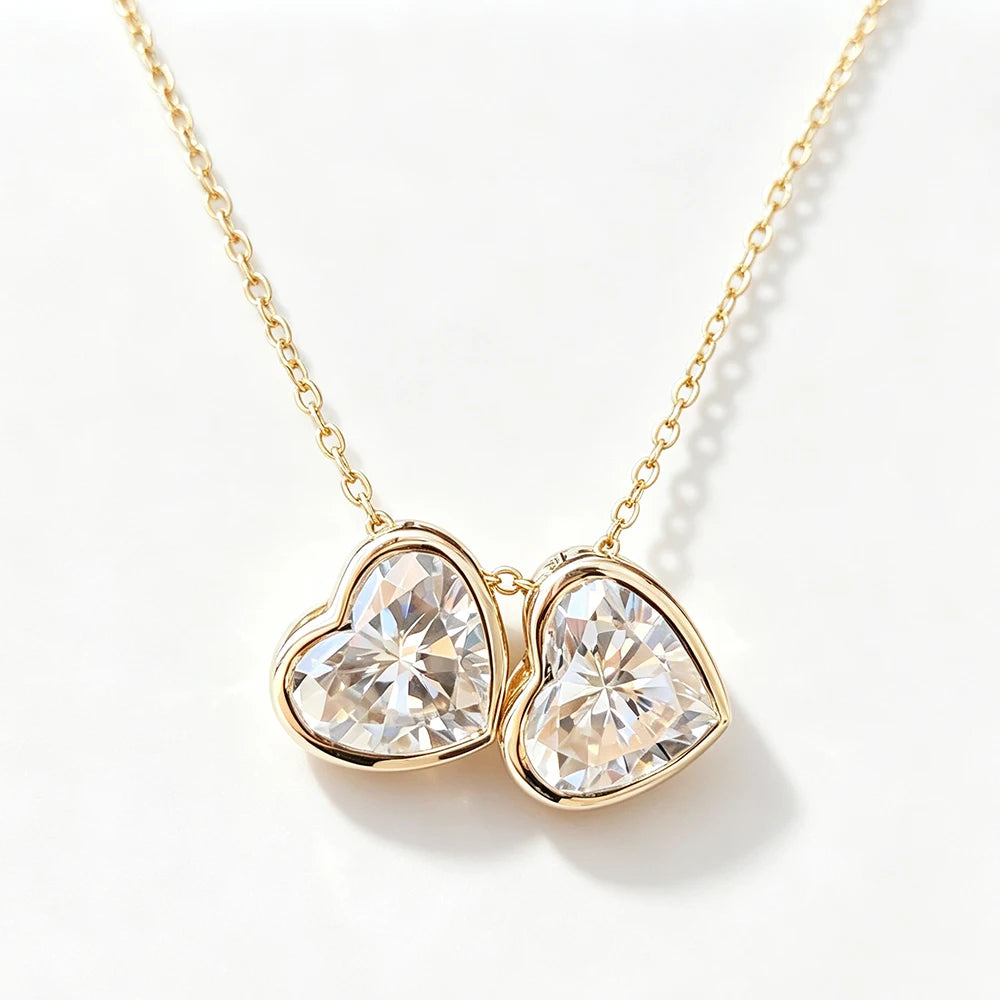 1CT 2CT Heart Shaped Moissanite Pendant Necklace for Women Two Stone Bezel Set Lab Diamond S925 Silver Daily Wear Jewelry Gifts