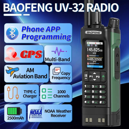 BAOFENG UV 32 Walkie Talkie Long Range GPS 10W Multi Band Wireless Bluetooth Programming Copy Frequency UV32 Ham Radio Camping
