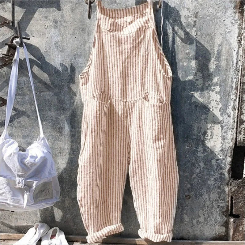 Casual Jumpsuit Women Striped Cotton Overalls Loose Fit Long Pants Romper Adjustable Straps Front Patch Pockets Jumpsuits