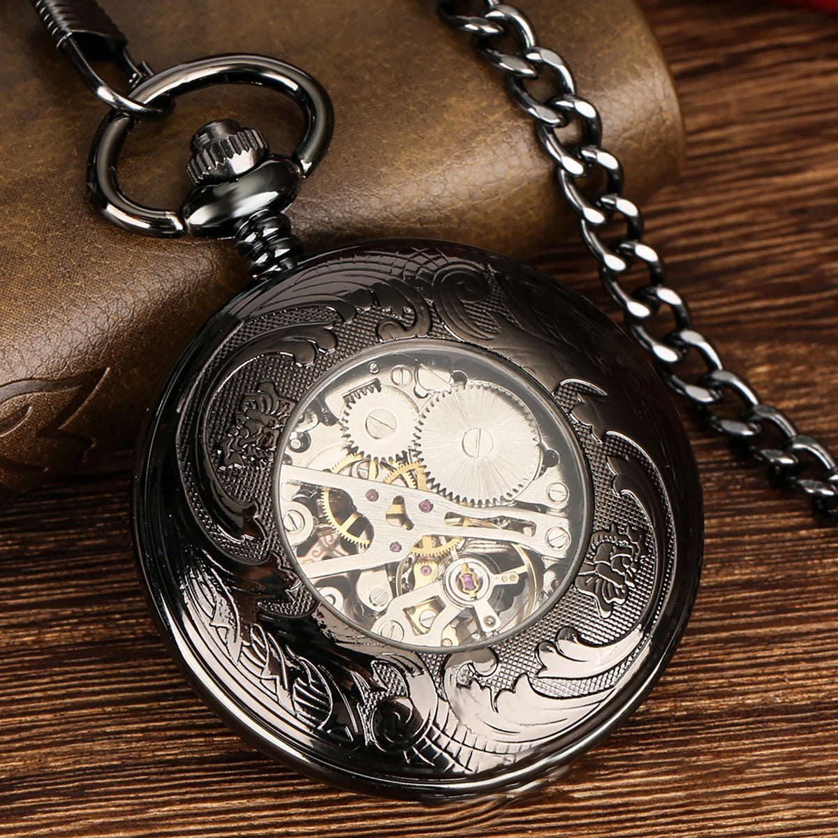 Manual Men's Mechanical Pocket Watch Hollow Design Roman Numerals Vintage Metal Pocket Watch Clock Chain Pendant Blue