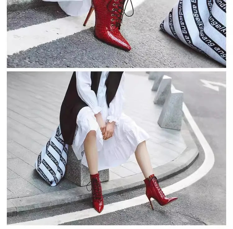 12CM Stiletto Heels Botas Mujer Fashion Pointed Lace-up Ankle Boots Roman Ladies Shoes Autumn Winter Women Emboss Short Booties