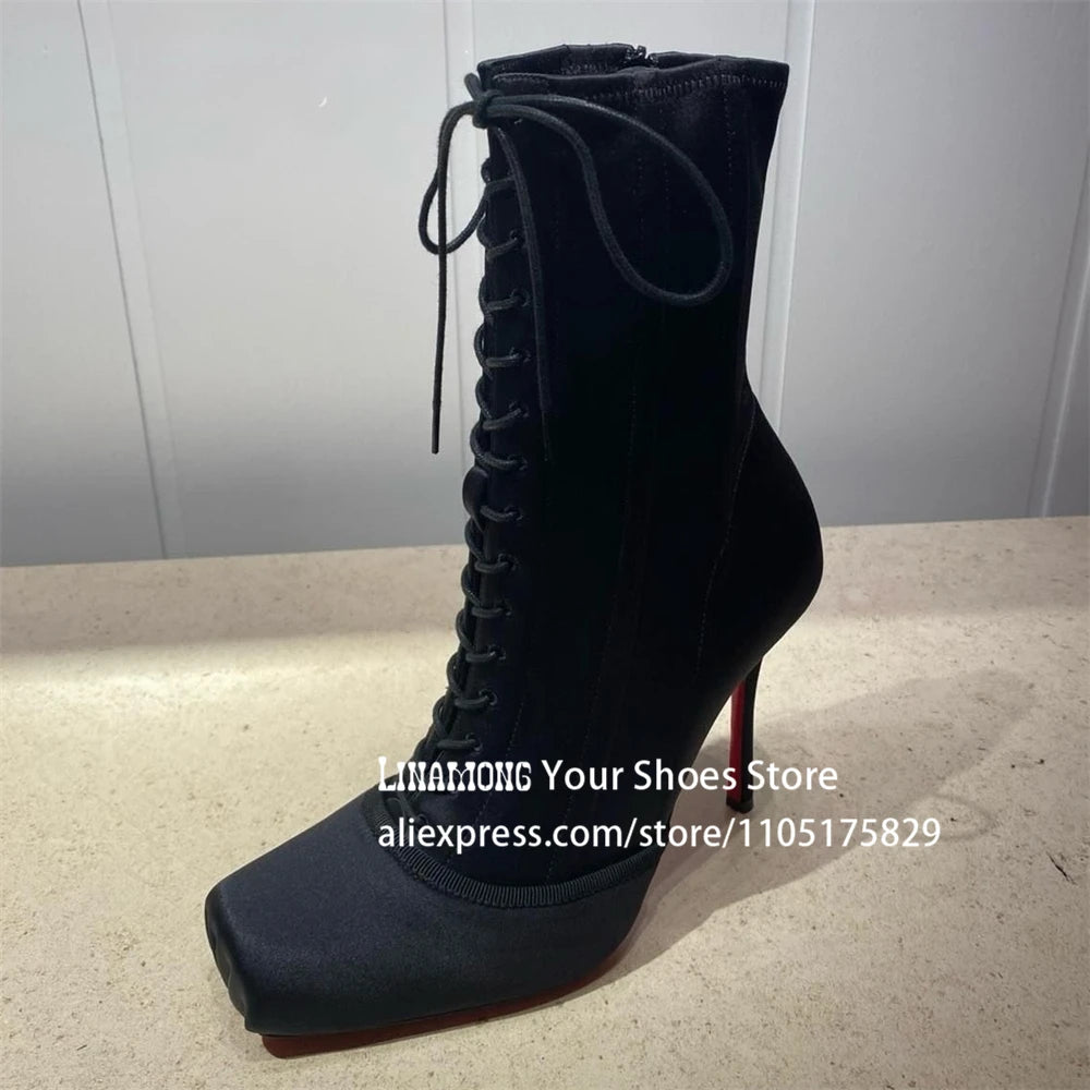 Crepe Square Toe Booties Novelty Designer Ballerina Style Ankle Boots Elegant Women's Stiletto Boots Custom Satin Leather Boots