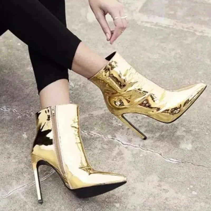 Design Ankle Boots Women Fashion Zipper Pointed High Heels Gold Silver Patent Leather Short Booties Shoes Catwalk Shoes