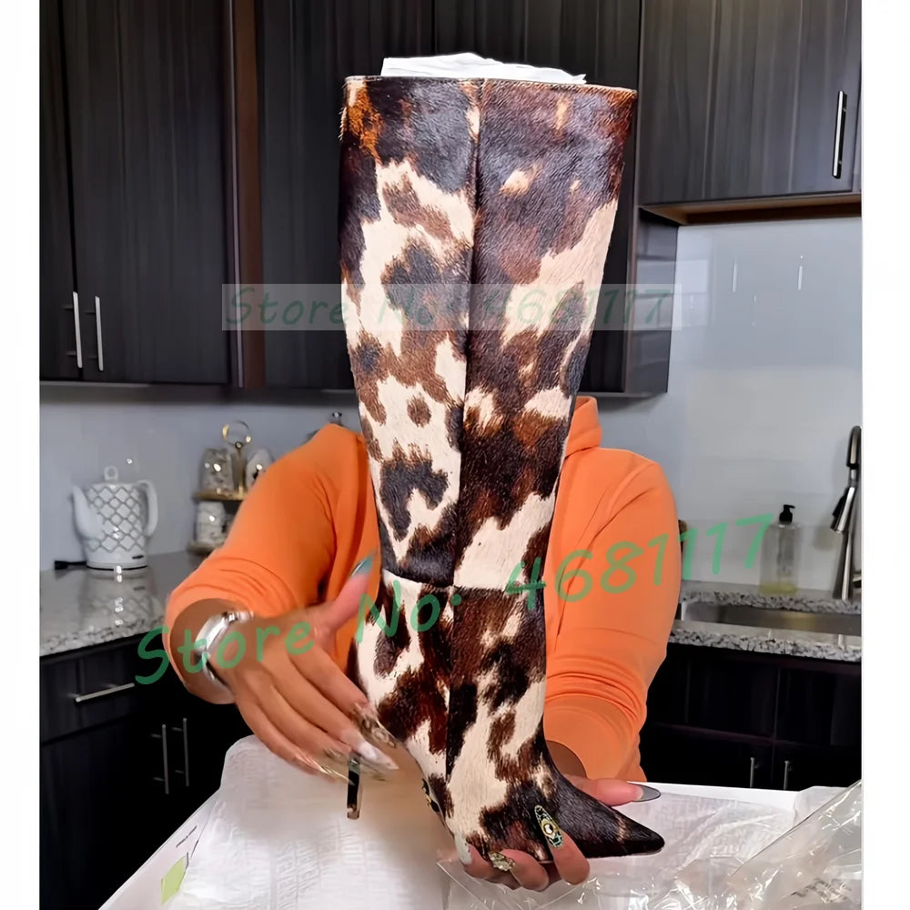 Dark Brown Cow Print Knee High Boots Women Pointy Toe Artificial Horsehair Leather Splicing Boots Mixed Color Side Zipper Shoes