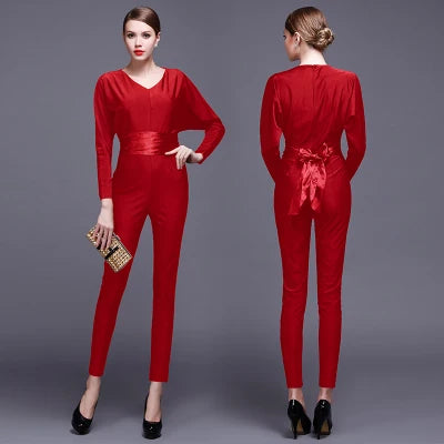 Fashion Women Long Sleeve Sexy V Neck Wide Leg Rompers Belted High Waist Jumpsuits Long Office Ladies Outfits Jumpsuit Colors