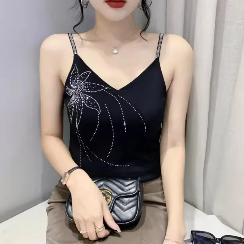 High Quality Elasticity Clothes Fashion T-Shirts Women's Sexy Off Shoulder Shiny Diamonds Mesh Tops Summer Tees Shirt