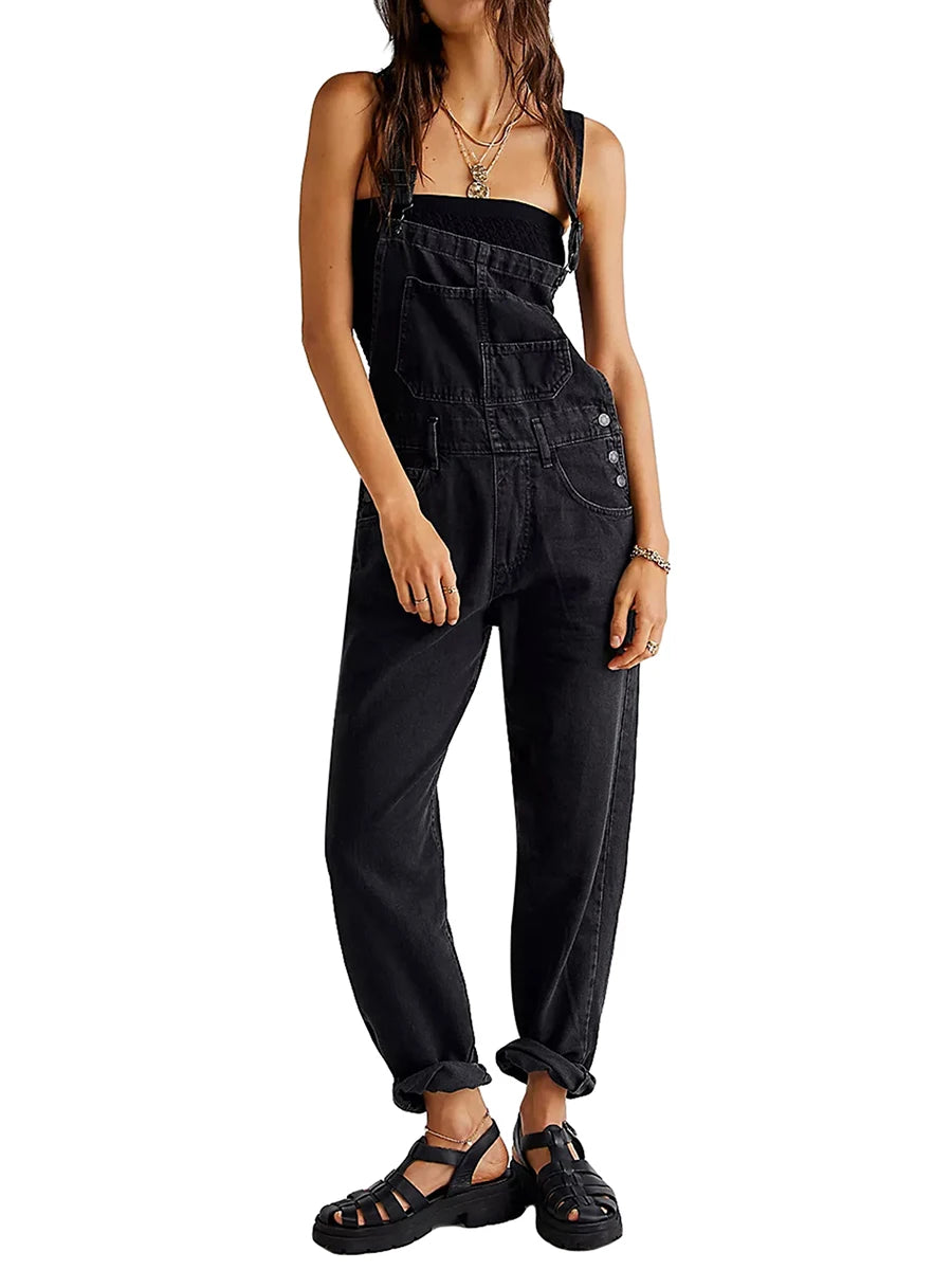 Women Spring Casual Wide Leg Denim Jumpsuits Loose Wide Strap Suspender Pocket Overalls Baggy Long Jeans Bib Pants Rompers