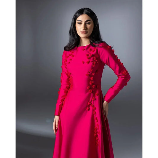 Red Evening Dresses Customized Elegant Satin A-line Draped Flowers Homecoming Dresses Long Sleeve Party Dresses for Special Ocn