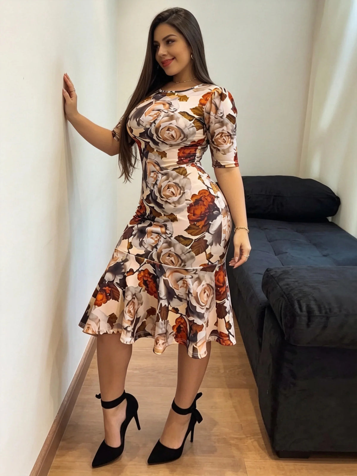 Women's Slim Fit round Neck Print Dress Hip Hugging Commuter Dress Slimming Temperament Fashion for Ladies