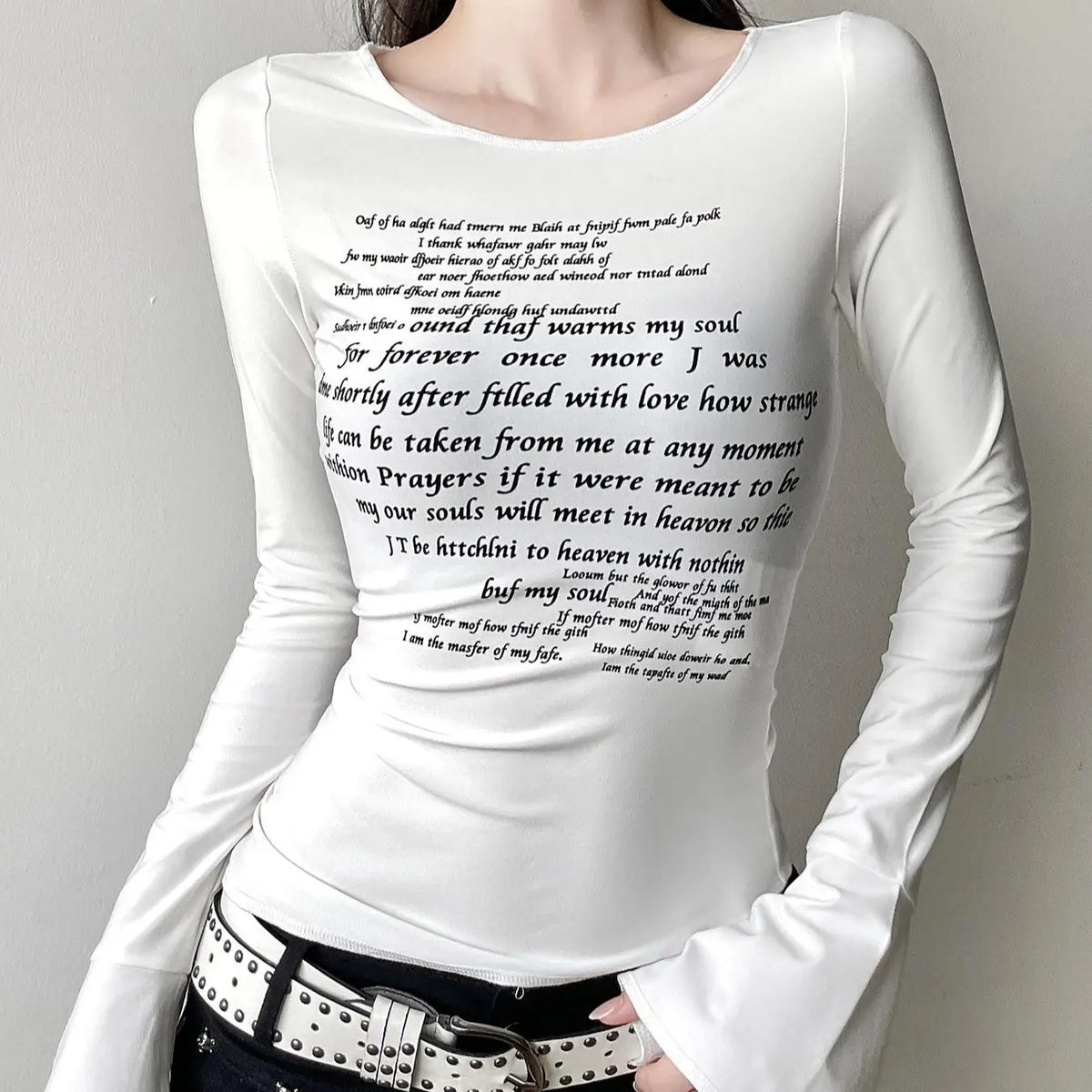 New y2k sleeve slit letter print diagonal hem personalized top, spicy girl street slimming versatile, slimming and casual long s