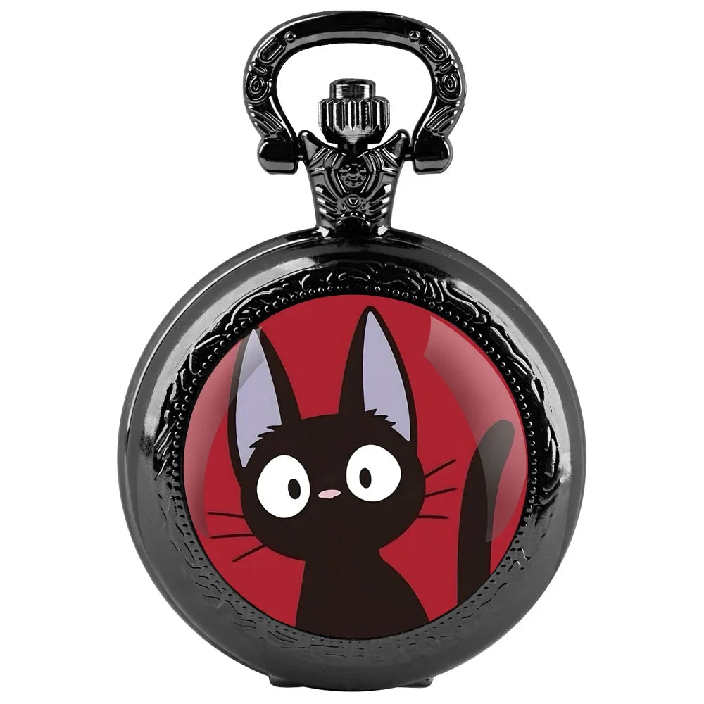 Anime Black Cat Glass Dome Quartz Pocket Watch Arabic Dial Vintage Men Women Necklace Pendant Creative Clock Children Gift