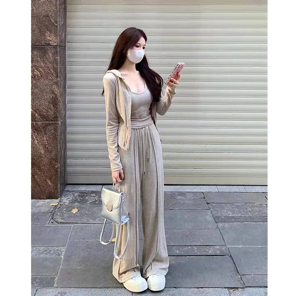 Casual Sportswear Women's Spring Autumn Three-Piece Set Slimming Fashionable Jacket Vest Wide Leg Pants for Short Women