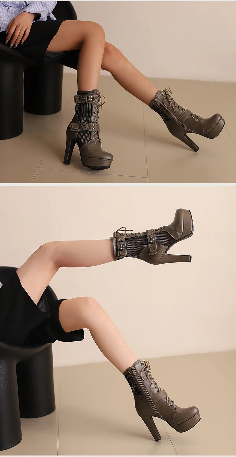 Plus Size Hollowed Out Mesh Patchwork PU Cross Tie Side Zipper Summer Cool Mid-Calf Boots Platform Ultra-High Thick Heel Boots