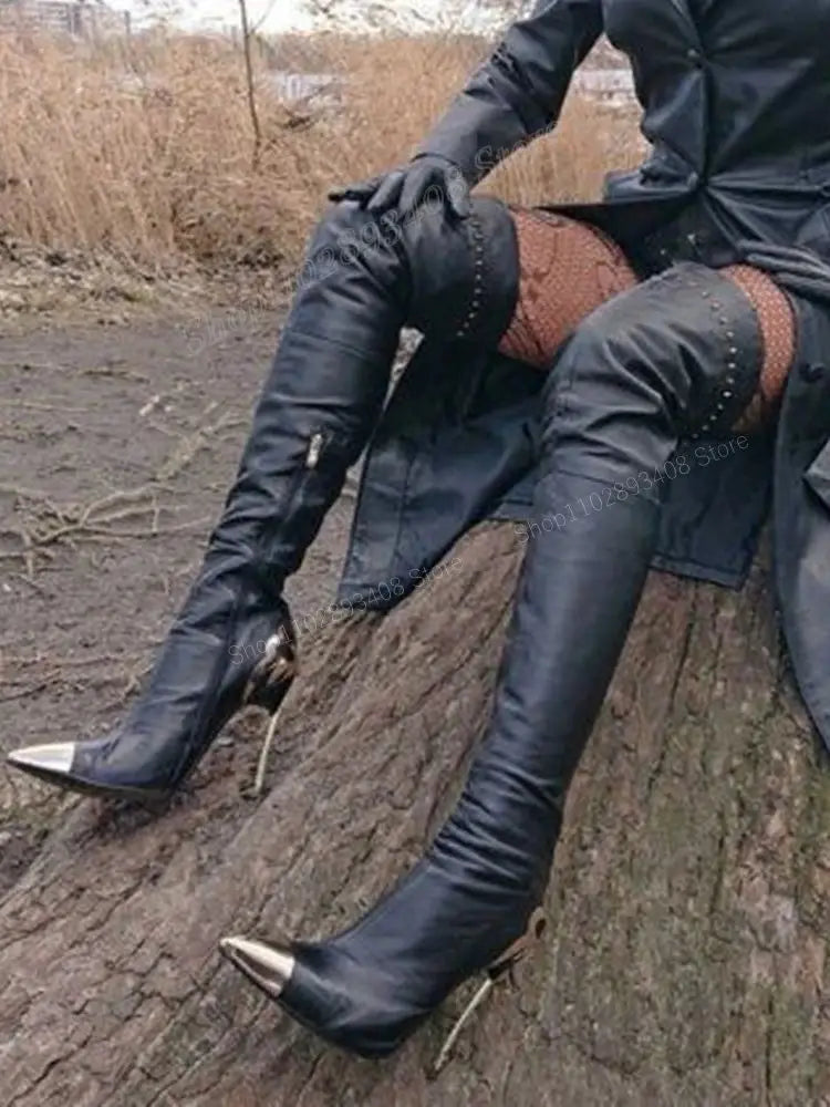 Black Metal Pointed Toe Over the Knee Boots Pointed Toe Stiletto High Heel Matte Leather Women Shoes 2023 Zapatos Para Mujere