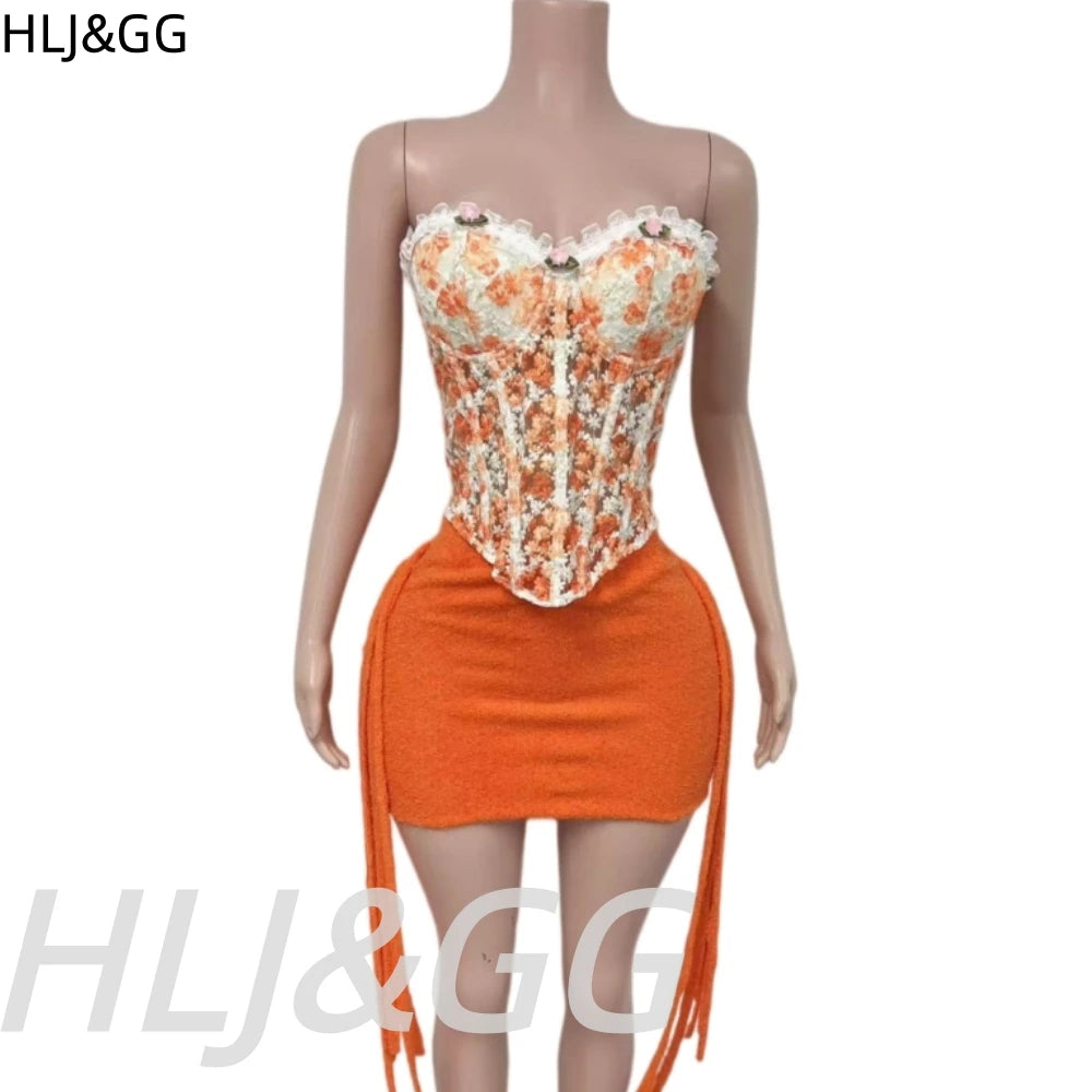 HLJ&GG Sweet Lace Flower Embroidery Corset Two Piece Sets Women Off Shoulder Bandage Slim Top And Tassel Mini Skirts Streetwear