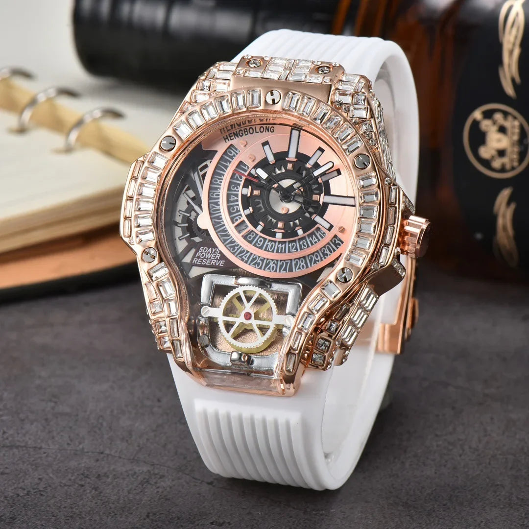 Business Full Diamond Case Luxury Top Mens Watches Rubber Strap Color Creative Decorative Quartz Watch Men AAA Clocks Relogio