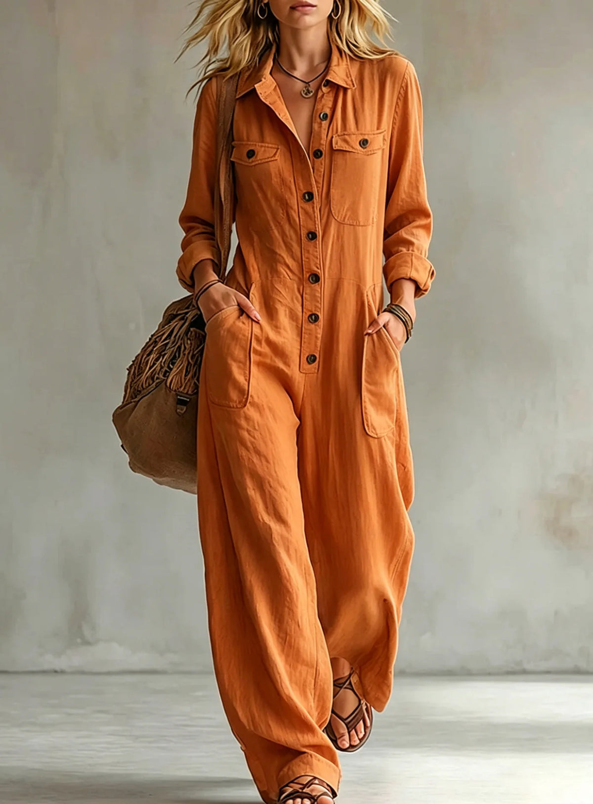 Retro Lapel Buttoned Pocket Solid Loose Commuting Pocket Jumpsuit Women Autumn New Vacation All-match Jumpsuits Women's Clothing