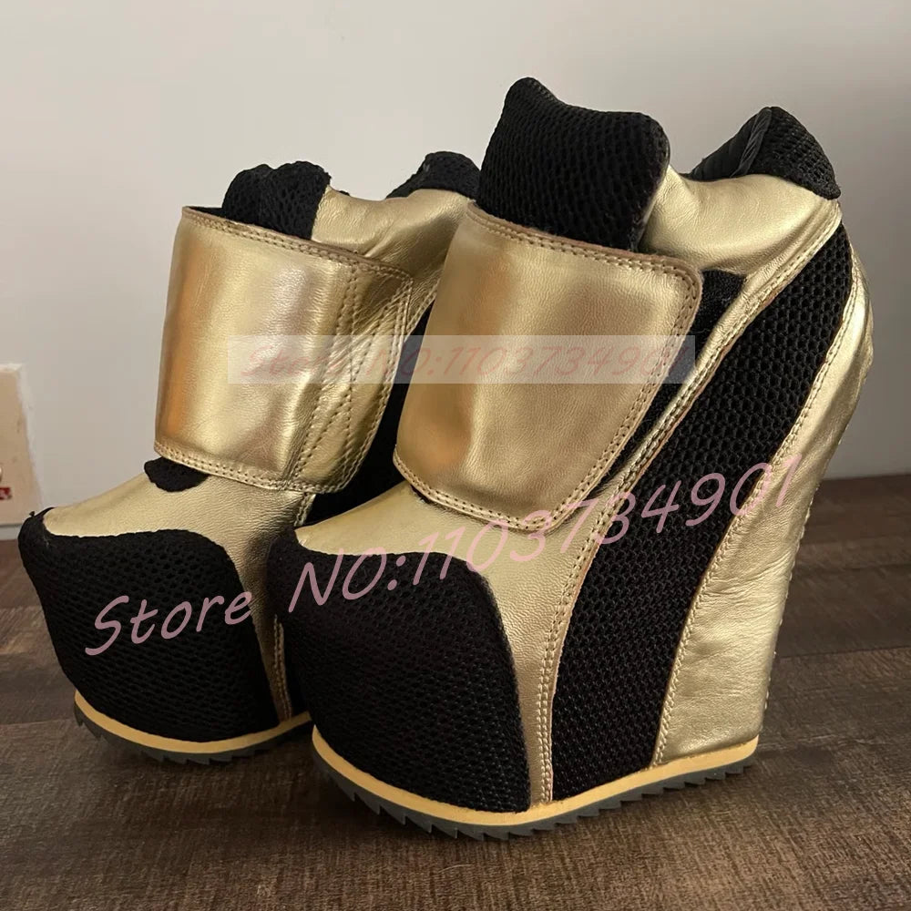 Gold Patchwork Platform Boots Women Round Toe Wedge Ankle Boots Ladies Hook Loop Closure Sneaker Heel Footwear