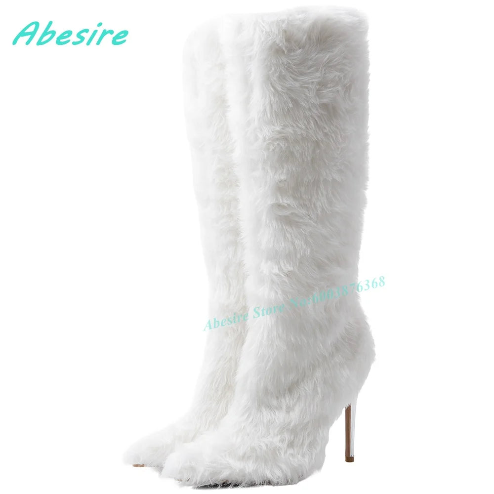White Faux Fluffy Fur Knee High Boots Pointed Toe Stiletto Heels Side Zipper Women's Boots Spicy Girls Fashion Show Winter Shoes