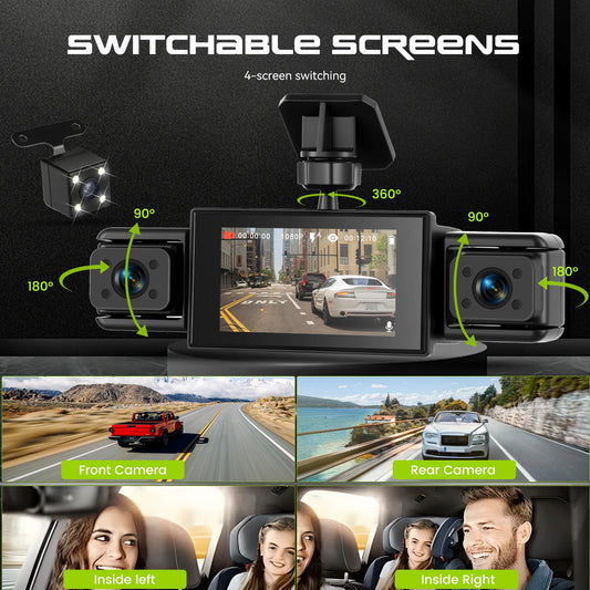 Podofo Dashcam for Cars 4 Channel Black Box WiFi Driving Camera 1080P Car Dash Cam with Four High-Definition Cameras, Including 480P Left Interior, Right Interior, and Rear Cameras Loop Recording, 360 Degree Protection Car D