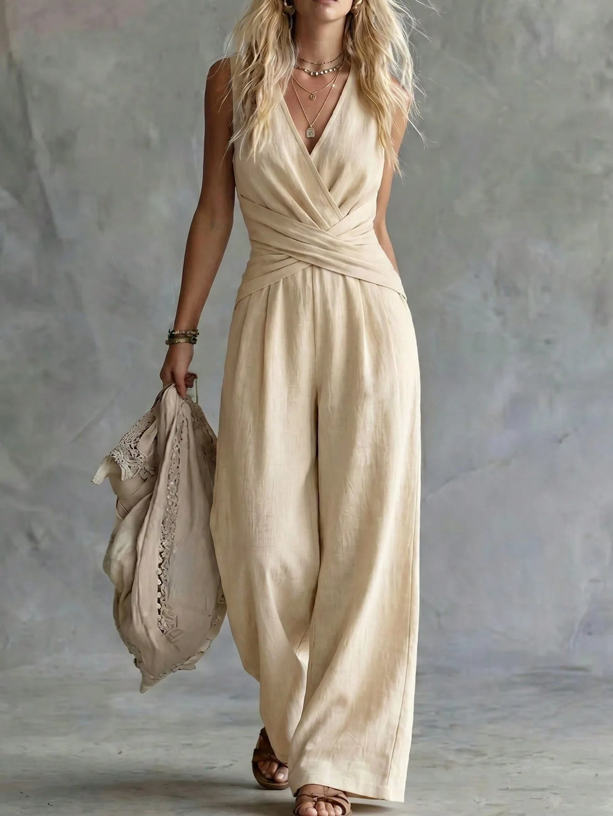 Fashion Light Blue Wide Leg Pants Jumpsuit Women's V-neck Sleeveless Cross Wrap Waist Design Rompers Summer Casual Jumpsuits