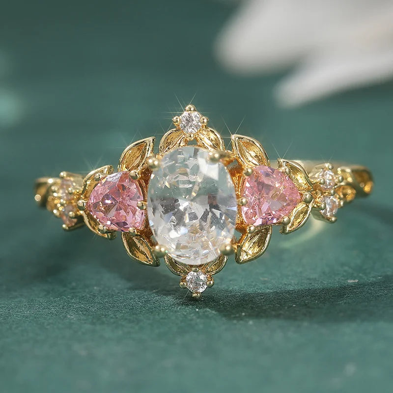 2 Pcs/set Retro Elegant Pink Synthetic Zircon Ring, Ladies' Engagement Proposal Gift, Jewelry