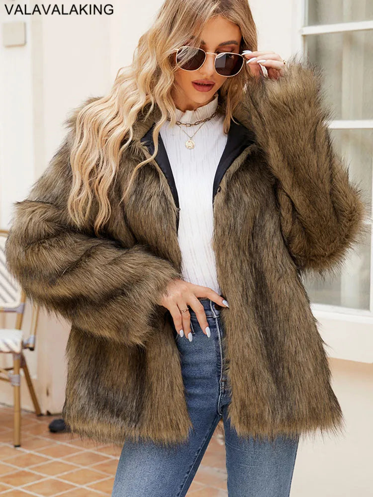 2026 Autumn Winter Brown Faux Fur Coat Women Casual Turndown collar Fluffy Plush Jacket Long Sleeve Thick Fake Fur Warm Cardigan
