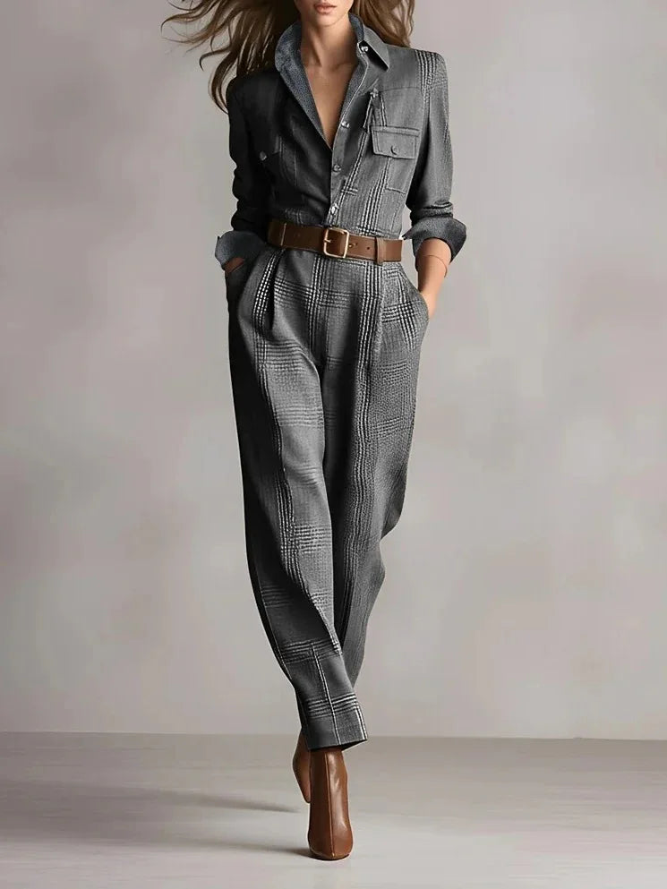 Womens Retro Plaid Jumpsuit Fashion Lapel Collar Button Pocket Long Workwear Jumpsuit AutumnCasual Office Jumpsuits