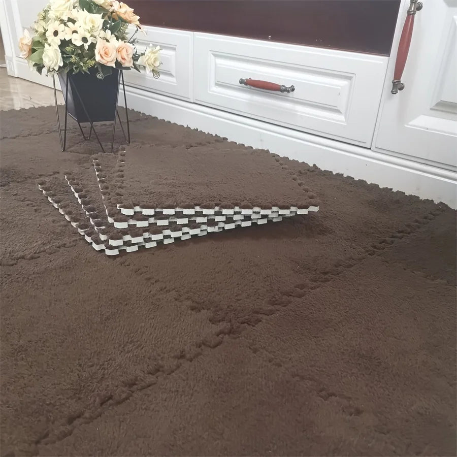 12Pcs Interlocking Carpet Tiles 11.8"x11.8", Washable Non-Slip EVA Polyester Floor Mat, Cuttable DIY Bedside Rug