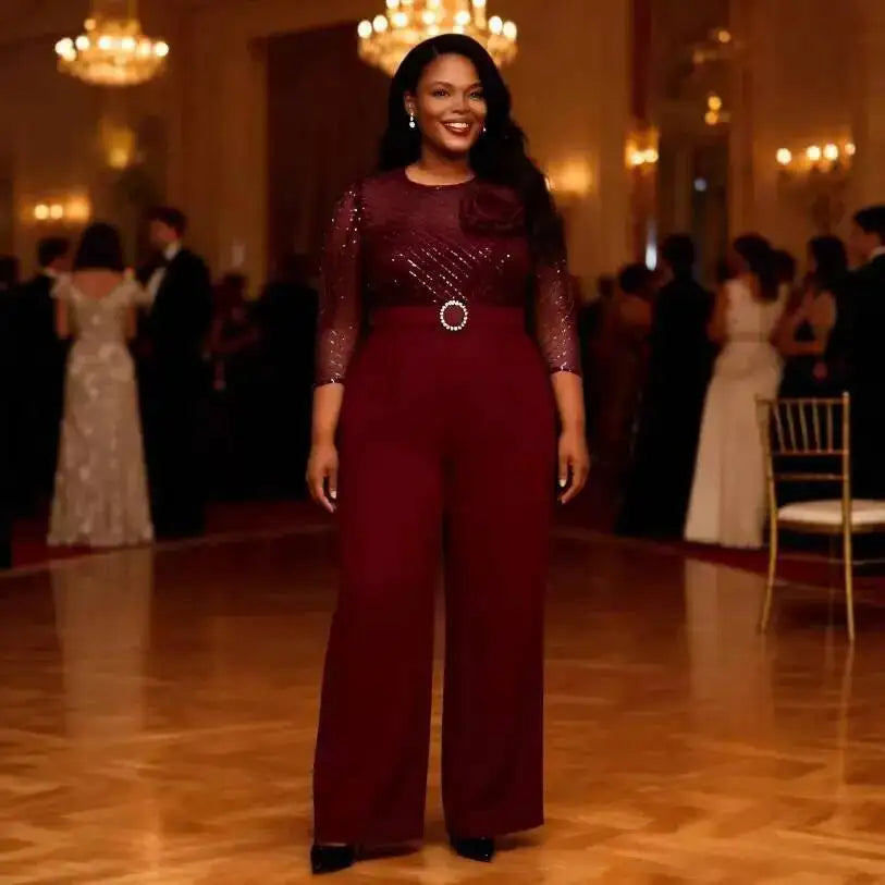 Plus-size Women's Slimming Jumpsuit, High-waisted Wide-leg Jumpsuit With Sheer Mesh Sleeves, Elegant And Suitable For Casual Y2K