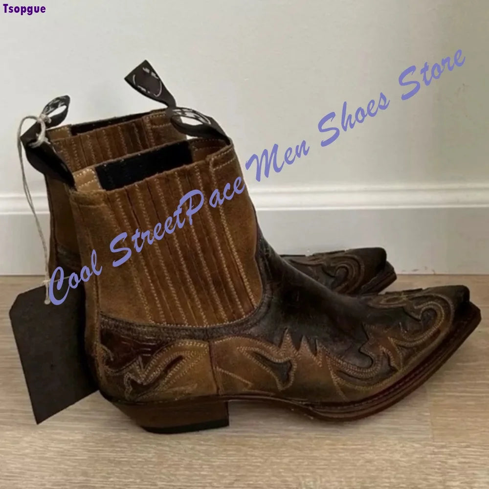 Vintage Embroidery Western Cowboy Ankle Boots Men Distressed Washed Leather Pointed Elastic Slip On Chelsea Boots Low Block Heel