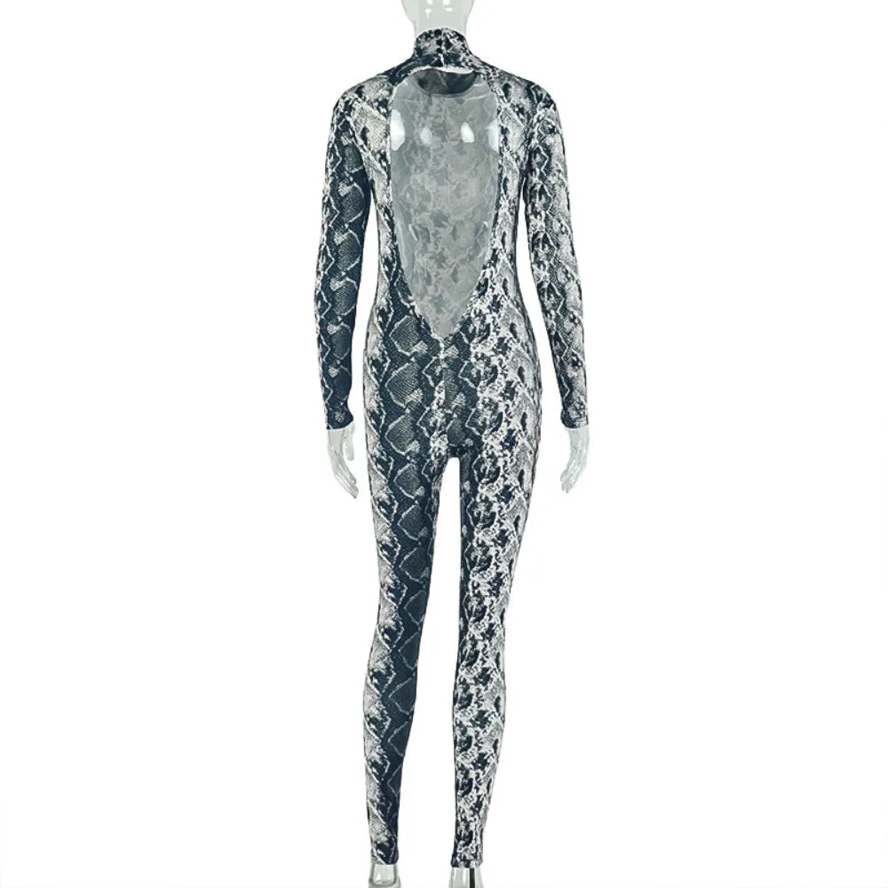 FLARORA Vintage Serpentine Printing Jumpsuits Woman Trend Turtleneck Full Sleeve Skinny Peach Hip Night Party Clubwear Overalls