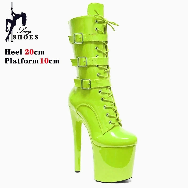 Fluorescent Green Fashionable Women ANKLE Boots Round Toe Side ZIP Short Boots Pole Dance Shoes Platform Heels Three Belt Buck