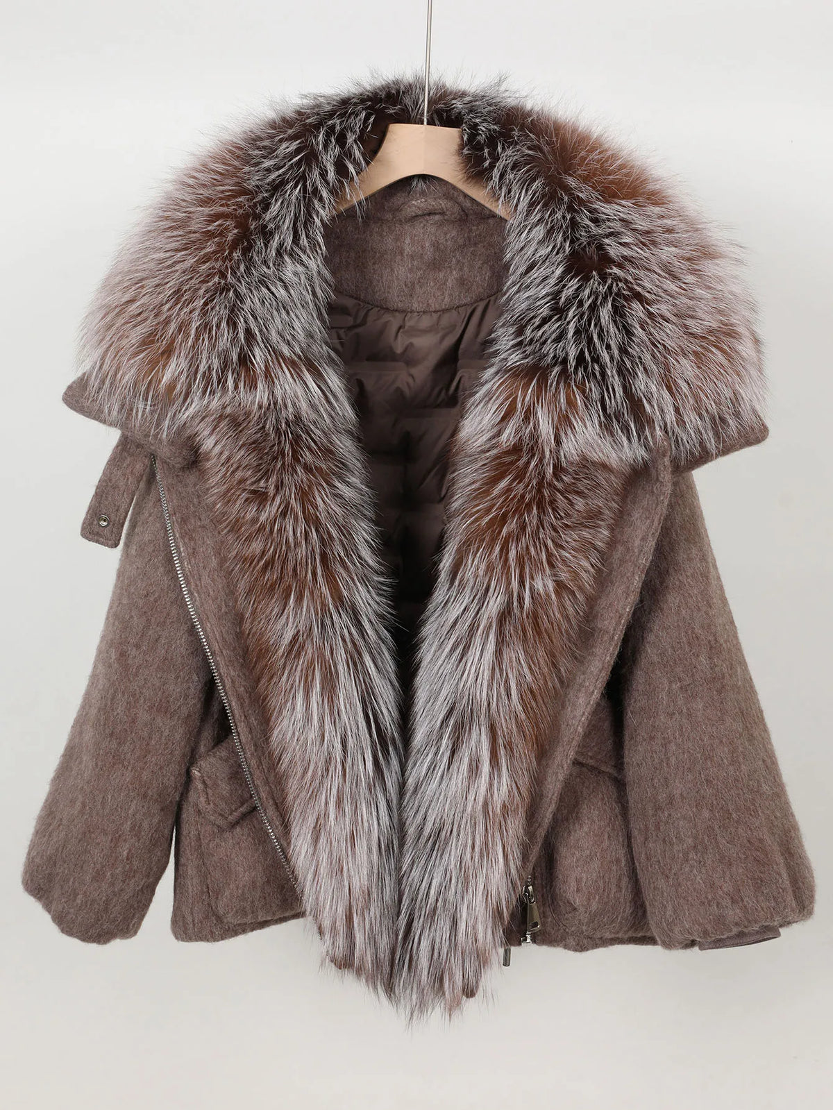 Maomaokong high-end Wool fabric Luxury Women's Big Fox Fur Collar Puffer Jacket Natural Fur down Coat Winter Thickened Warm