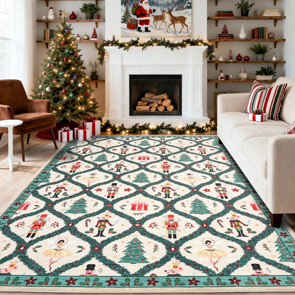 Christmas Nutcracker Area Rug Machine Washable Low Pile Non-slip Carpet for Bedroom Living Room