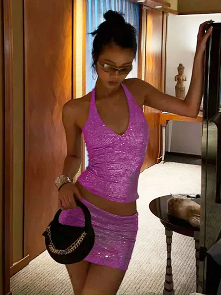 Kliou Sexy Shiny Sequin 2 Piece Set Woman Halter Low-Neck Backless Crop Tops+Skinny Wrap Hip Mini Skirt Midnight Club Party Suit